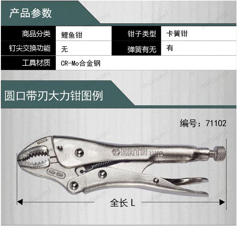 圆口带刃大力钳 终身质保商品 产品特点 尺寸图 规格概述 型号 规格