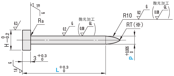 尺寸图-硬质合金卸料板固定用直杆型导正销 -前端R型- 普通型 抛光加工-