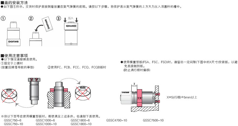 GSSC氮气弹簧特别使用注意事项，图片选自2018年冲压模具用零件目录-第二版-P1542。