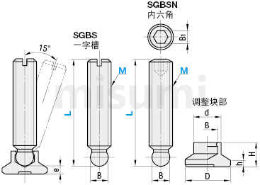 misumi SGBS米思米可调角度螺栓组件 球端型M8~M12尺寸规格图
