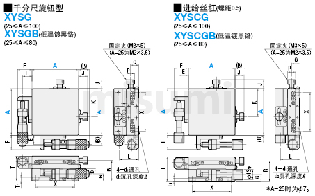 米思米高精度手动XY轴交叉滚子导轨型滑台XYSG/XYSGB/XYSCG/XYSCGB系列尺寸图