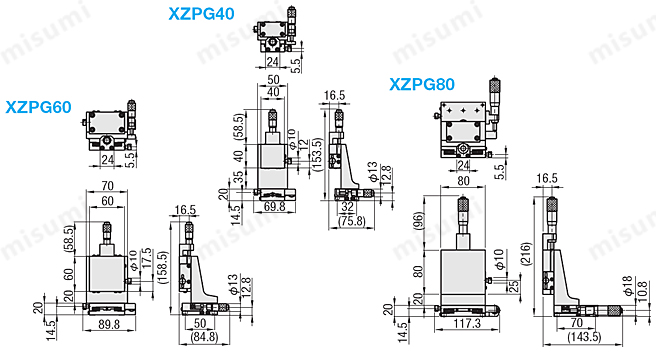 米思米高精度手动XZ轴千分尺旋钮式交叉滚子型滑台XZPG系列尺寸图