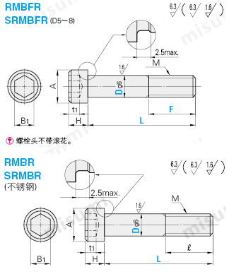 米思米铰孔螺栓的尺寸规格图