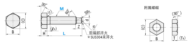 misumi stca米思米定位螺栓 螺纹前端R型尺寸规格图