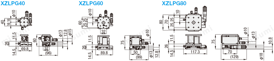 米思米高精度手动X轴水平面Z轴交叉滚子导轨型滑台XZLPG系列尺寸图