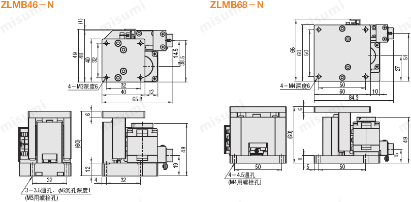 米思米经济型自动水平面Z轴直线滚珠导轨型滑台ZLMB系列尺寸图