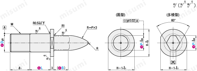 (经济型)焊接夹具用定位销炮弹形带肩外螺纹型 尺寸图