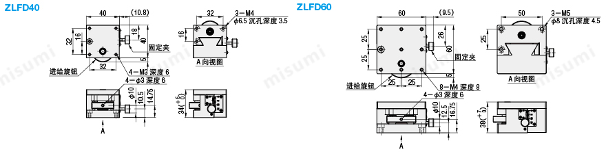 米思米经济型手动水平面Z轴燕尾槽进给丝杠型滑台ZLFD系列尺寸图