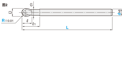 XCP涂层硬质合金球头型立铣刀 高硬度钢加工用_2刃/超短刃颈部避让型尺寸图