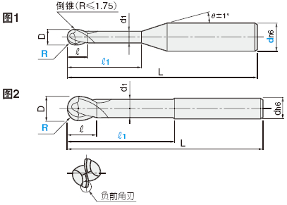 XCP涂层硬质合金球头型立铣刀 高硬度钢加工用_2刃/超短刃_长颈型（深肋槽加工用）尺寸图