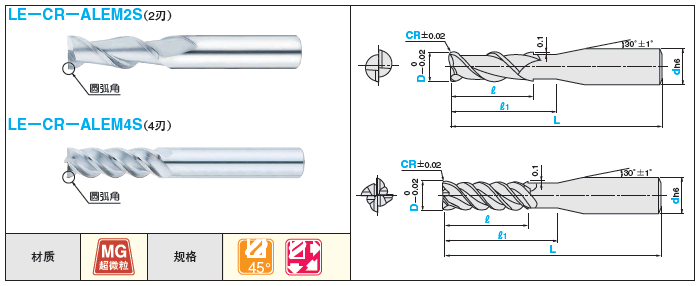 自由指定型硬质合金圆弧角立铣刀　2刃·4刃／铝加工用:相关图像