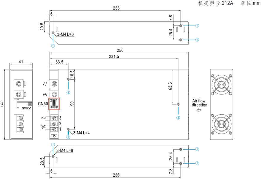 明纬RSP系列超薄型开关电源尺寸图