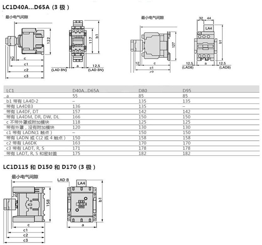 国产TeSys D 系列接触器产品尺寸图
