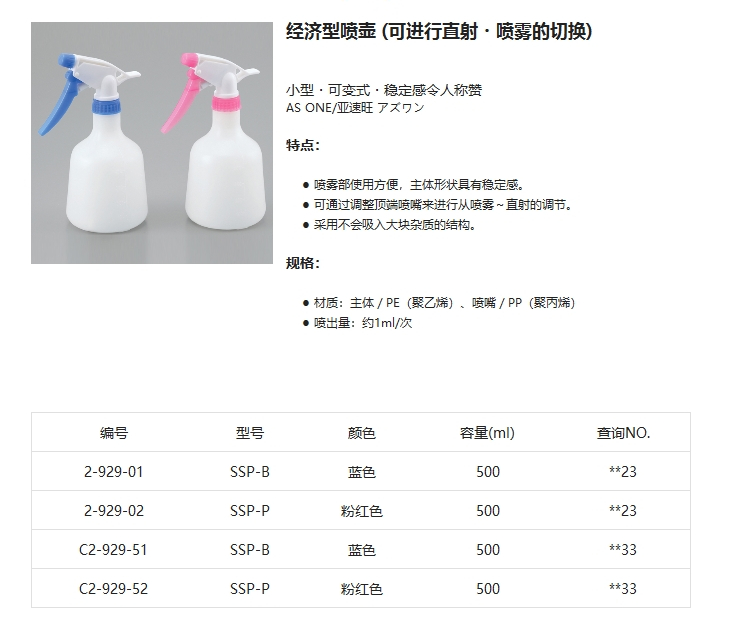 经济型喷雾器(可进行直射・喷雾的切换)_亚速旺AS ONE塑料特殊容器-米思