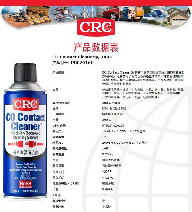 CRC希安斯CO Contact Cleaner精密电器清洁剂/清洗剂PR02016C产品说明书TDS-1