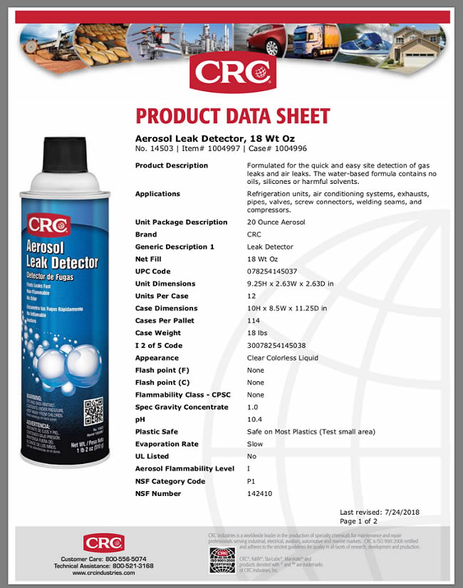 CRC希安斯食品级气体检漏剂/管道泄漏快速检测剂/泡沫测漏液/检漏液PR14503产品说明书TDS
