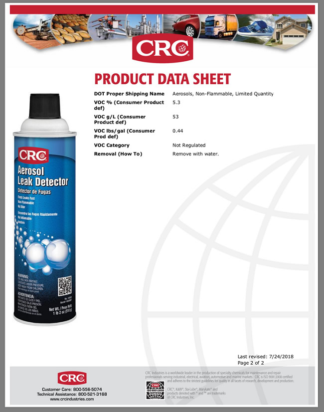 CRC希安斯食品级气体检漏剂/管道泄漏快速检测剂/泡沫测漏液/检漏液PR14503产品说明书TDS