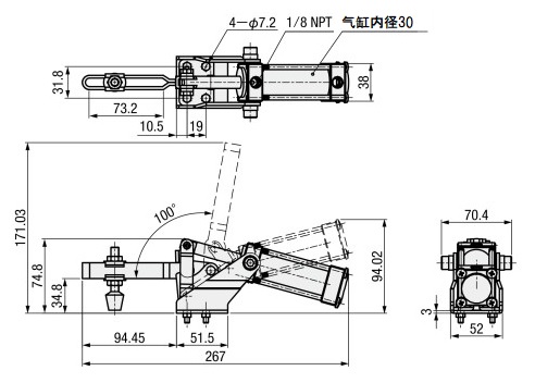 エアクランプ －ハンドル立型－ U型ロングアームタイプ（フランジベース） GH-12132-A 外形図