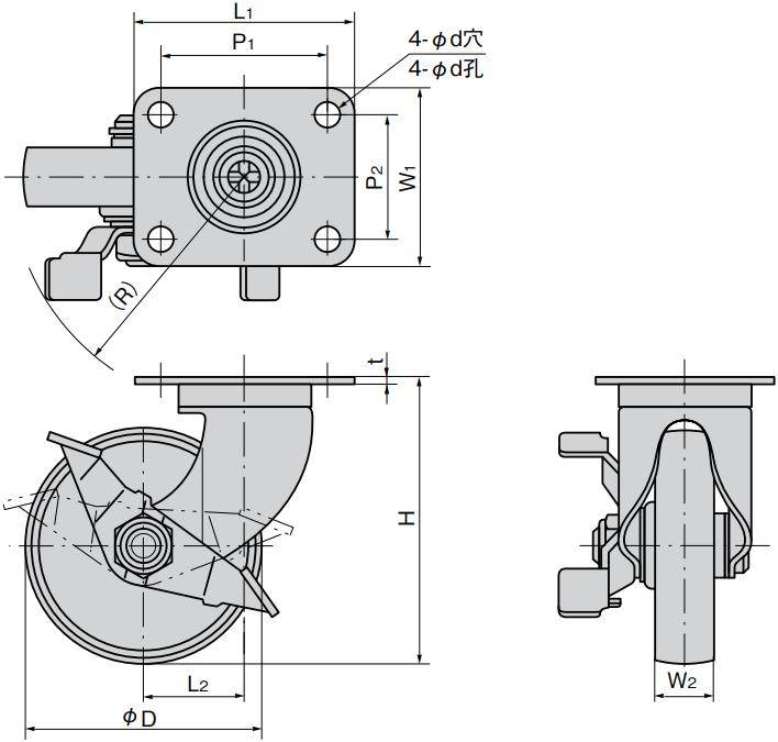 不锈钢冲压活动脚轮（带挡块） K-1304GS 尺寸图