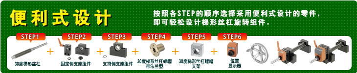 便利式设计 按照各STEP的顺序选择采用便利式设计的零件，即可轻松设计梯形丝杠旋转组件。