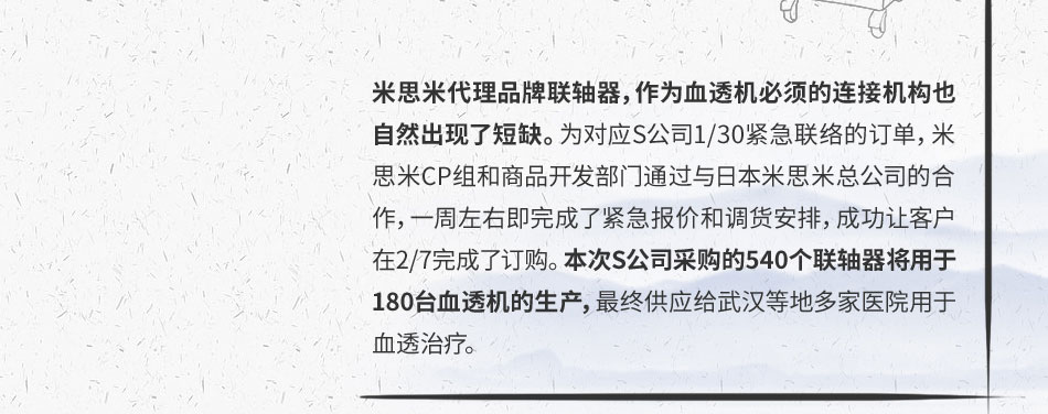 米思米代理品牌联轴器，作为血透机必须的连接机构也自然出现了短缺。为对应S公司1/30紧急联络的订单，米思米CP组和商品开发部门通过与日本米思米总公司的合作，一周左右即完成了紧急报价和调货安排，成功让客户在2/7完成了订购。本次S公司采购的540个联轴器将用于180台血透机的生产，最终供应给武汉等地多家医院用于血透治疗。