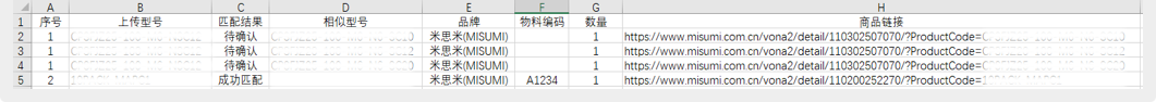 ①选中所需商品，点击【批量导出】按钮，可导出商品列表的全部型号，包括未匹配成功的商品。