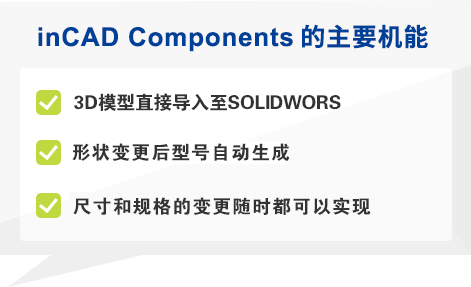 inCAD Components的主要机能 | 3D模型直接导入至SOLIDWORKS, 形状变更后型号自动生成,尺寸和规格的变更随时都可以实现