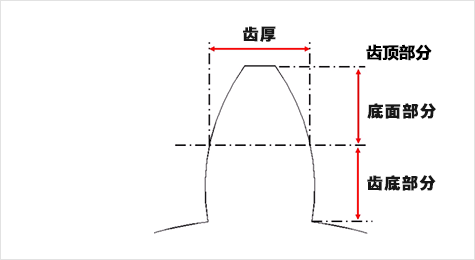 歯先と歯元が当たらない様に歯元の高さが歯末より高くなっている