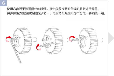 使用六角扳手锁紧螺丝的时候，首先必须按照对角线的原则进行紧固，初步扭矩为规定扭矩的四分之一，之后把扭矩提升为二分之一再锁紧一遍。